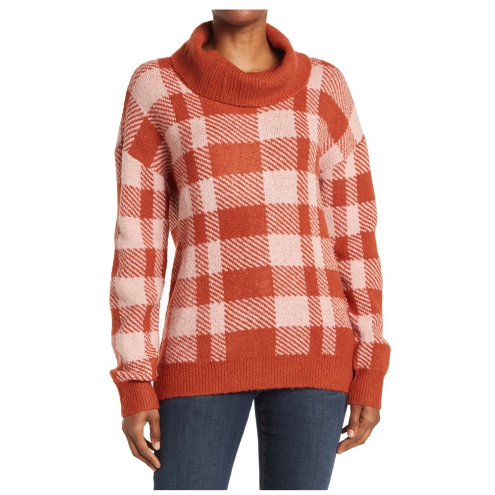 Olivia Sky Rust and Light Pink Plaid Cowl Neck Sweater